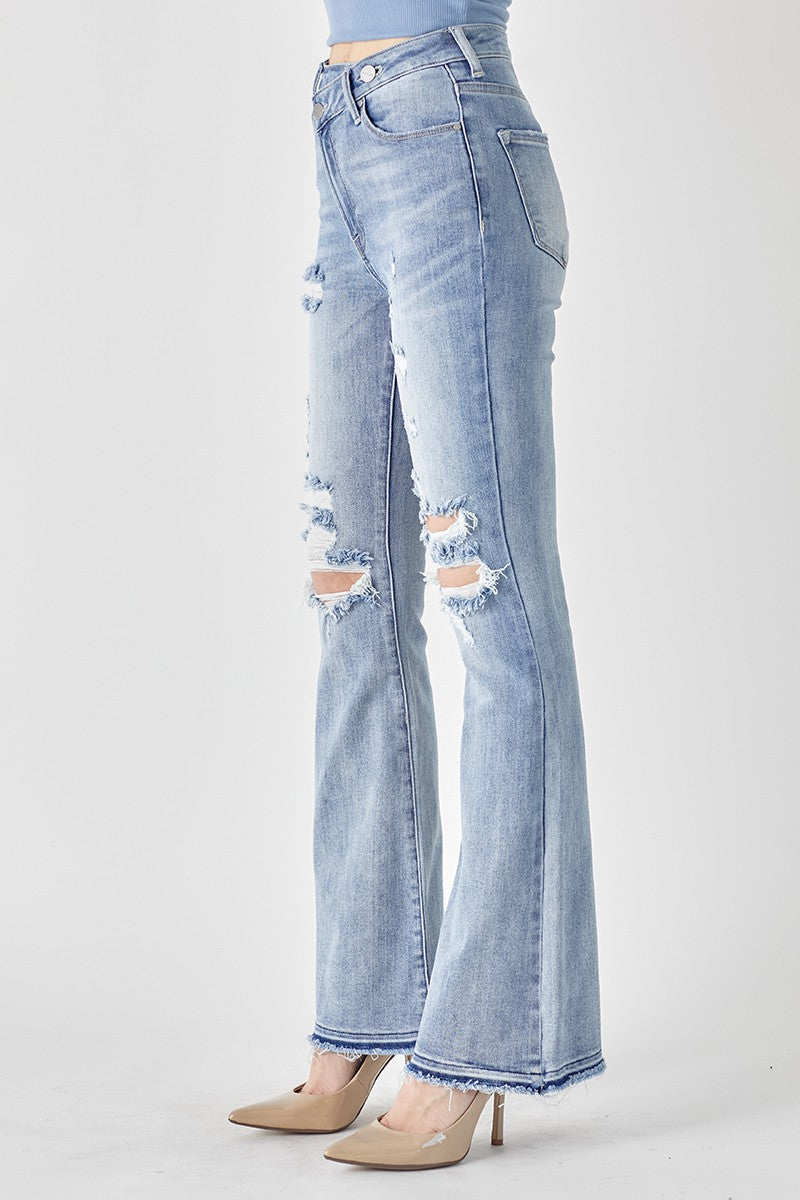 Criss Cross Distressed Stretch Flare