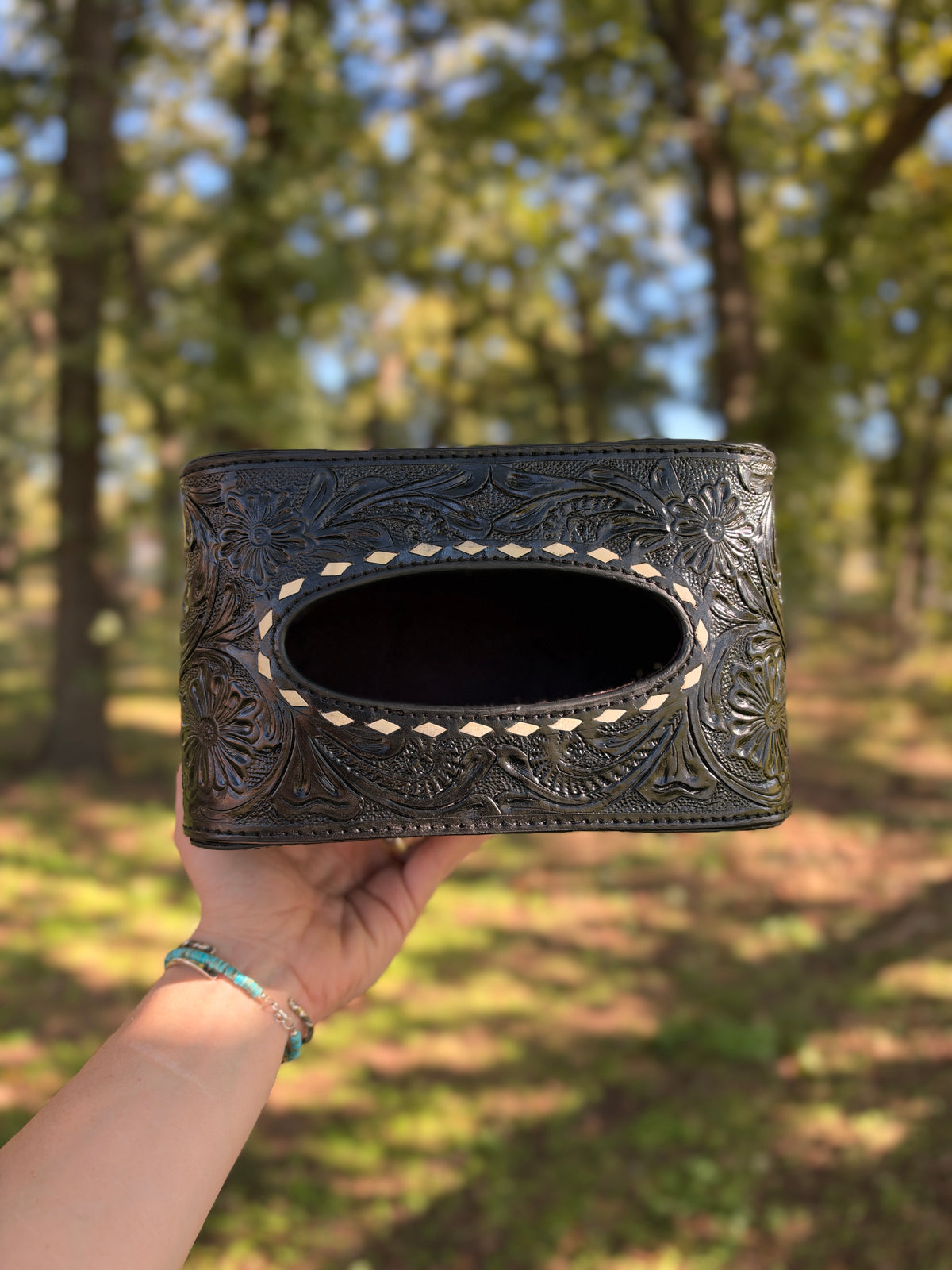 Western Floral Tooled Leather Tissue Box Cover