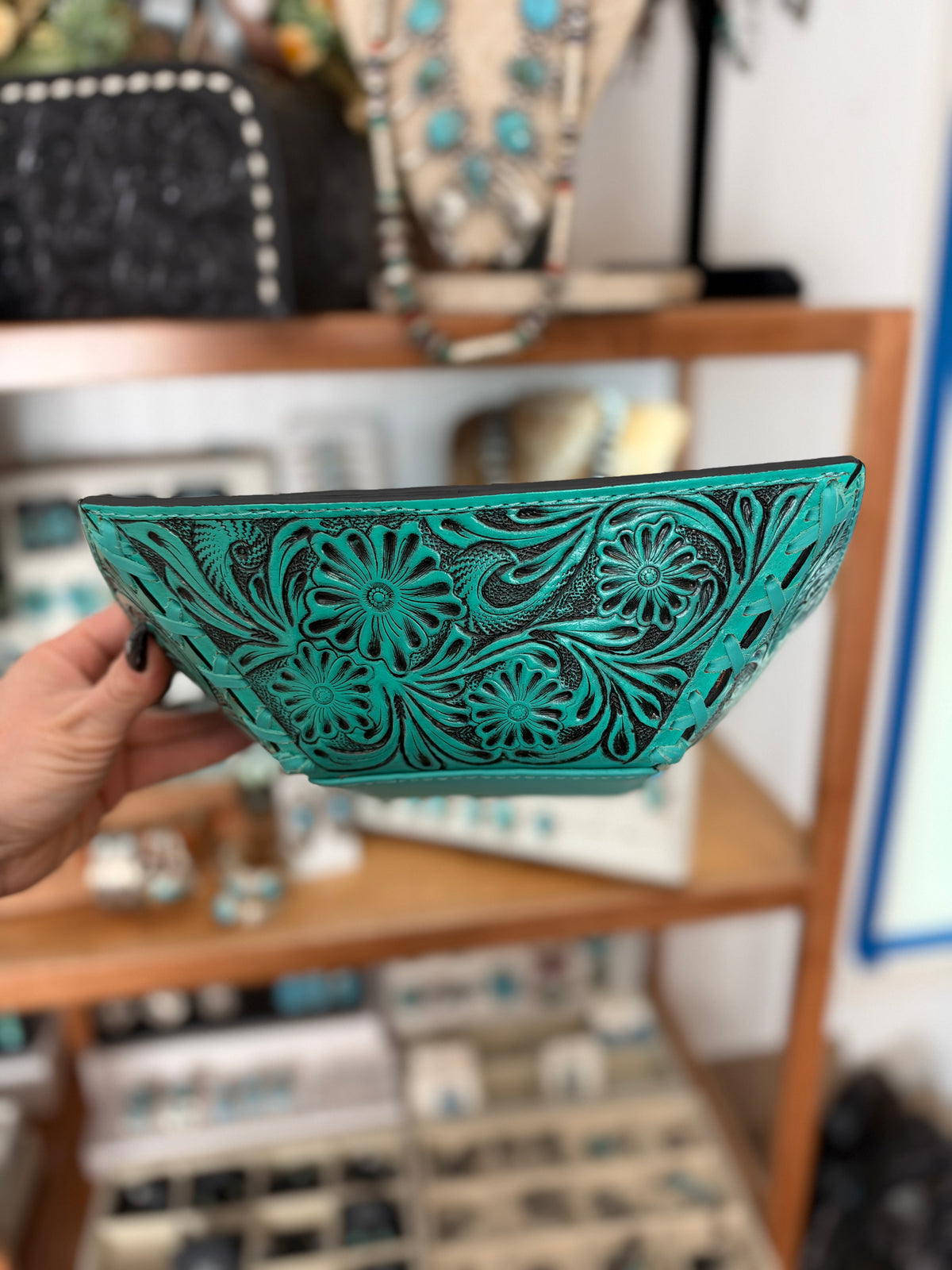Turquoise Floral Tooled Leather Decorative Bowl – Western Catchall Tray