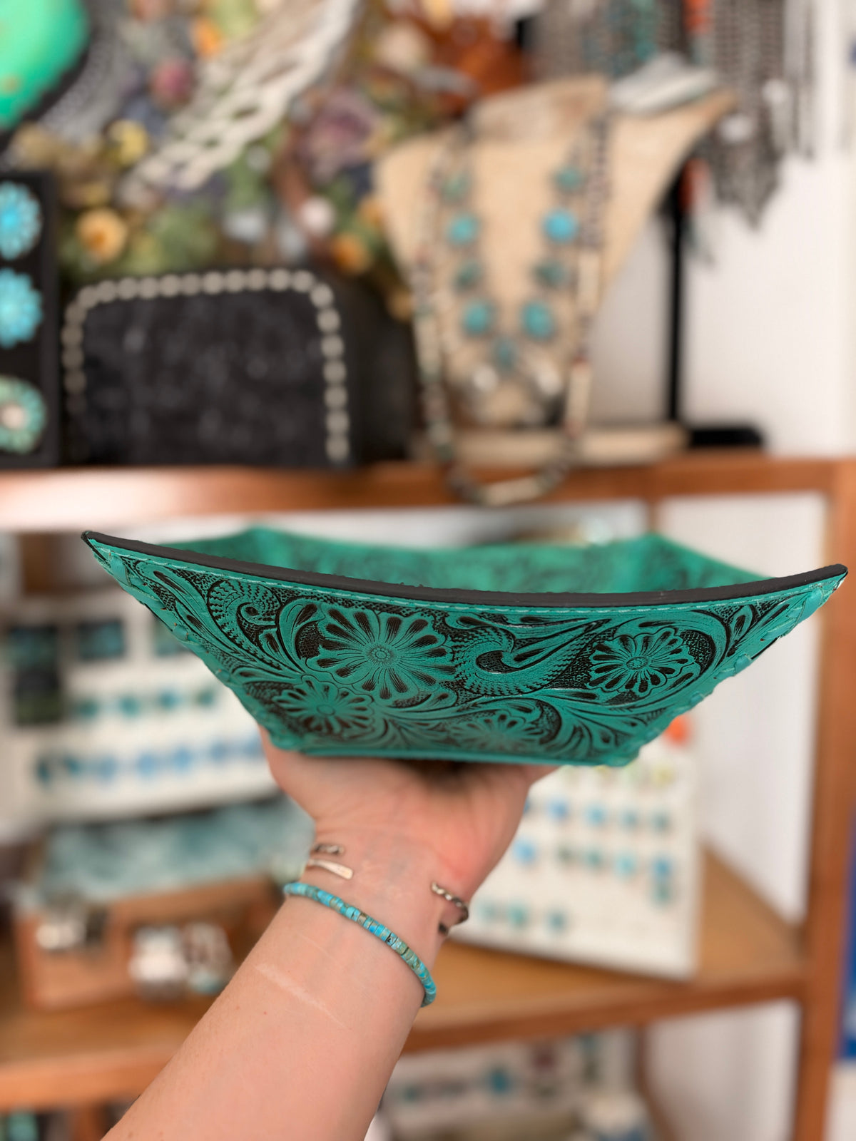 Turquoise Floral Tooled Leather Decorative Bowl – Western Catchall Tray