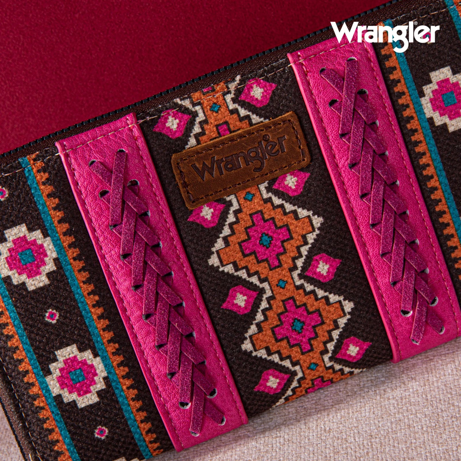 2024 New Wrangler Aztec Southwestern Pattern Canvas Wallet with Wristlet Strap Dark Brown
