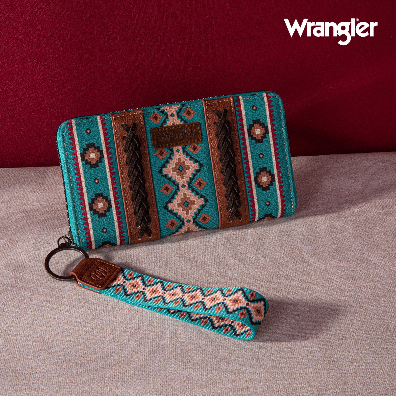 Wrangler Aztec Southwestern Pattern Canvas Wallet with Wristlet Strap Coffee