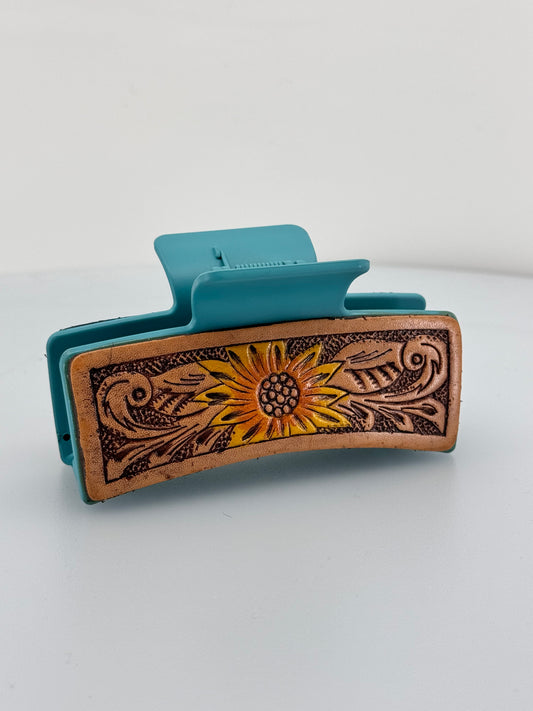 Large Leather Tooled Sunflower Hair Claw Clip