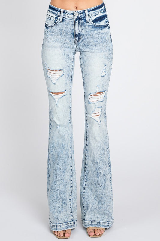 Woman's Acid Wash Distressed Mid Rise Boot Cut Jeans