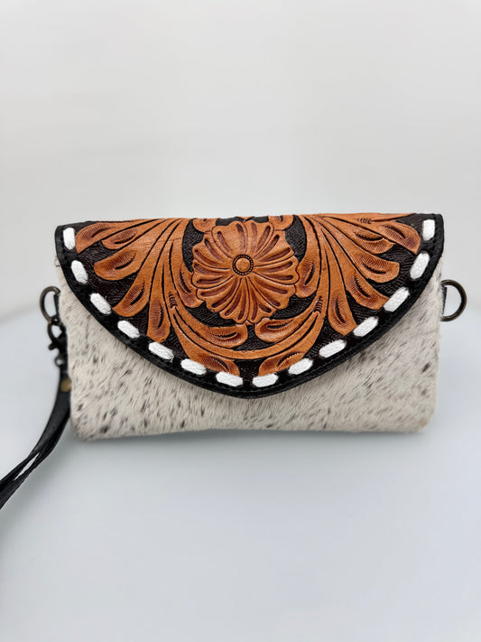 Leather Floral Tooled and Cowhide Small Wallet Clutch
