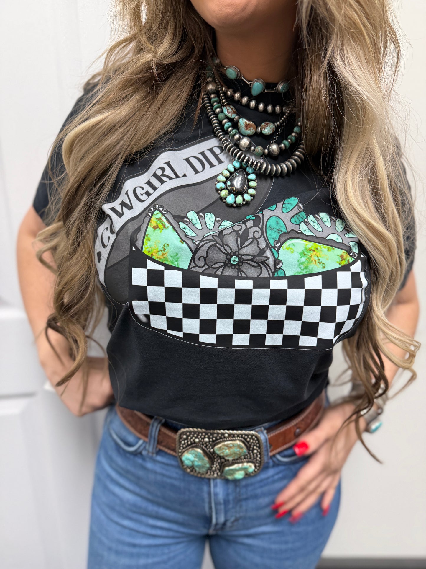 Cowgirl Drip Checkered Graphic Tee 🤍🖤💎
