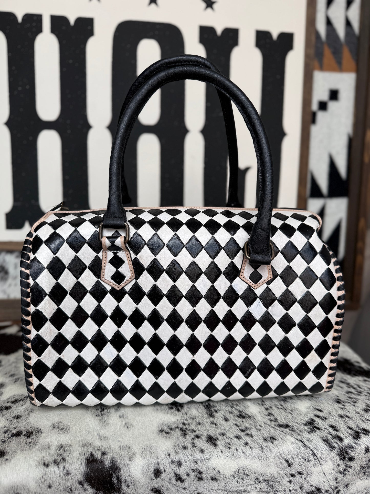 Hand-Painted Genuine Leather Black & White Checkered Speedy Style Bag