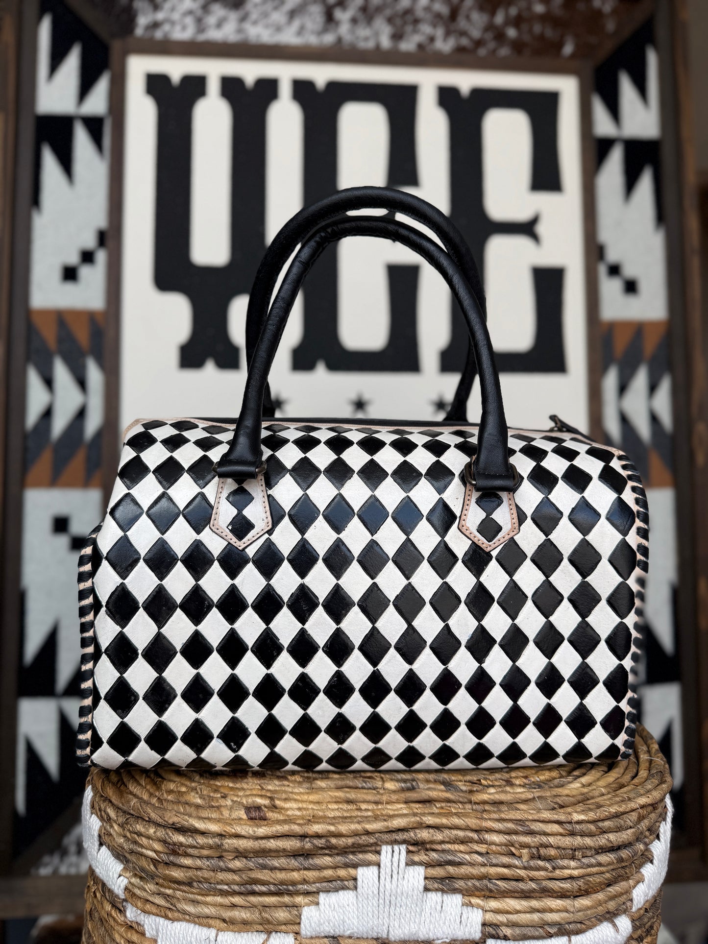 Hand-Painted Genuine Leather Black & White Checkered Speedy Style Bag