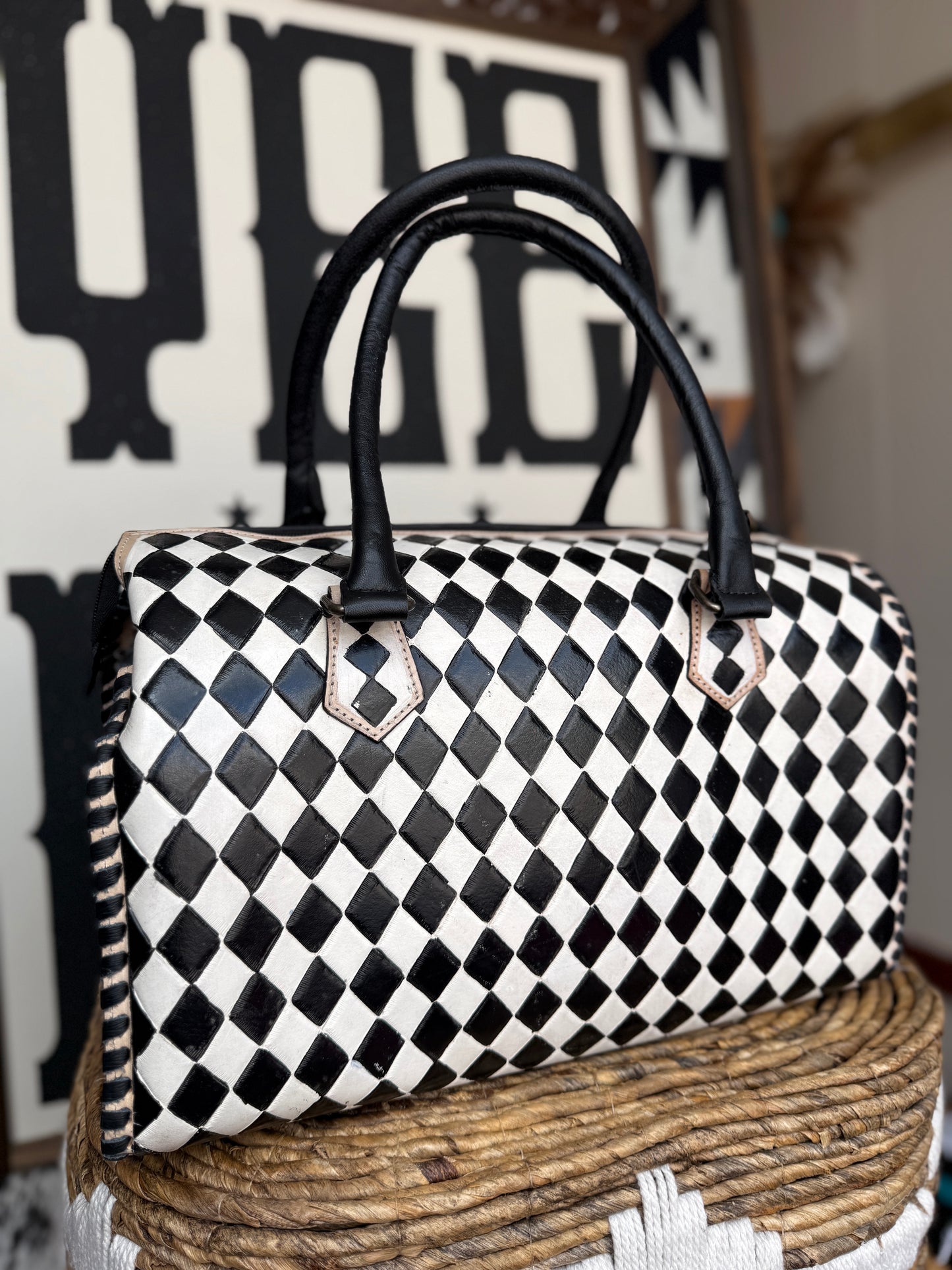 Hand-Painted Genuine Leather Black & White Checkered Speedy Style Bag