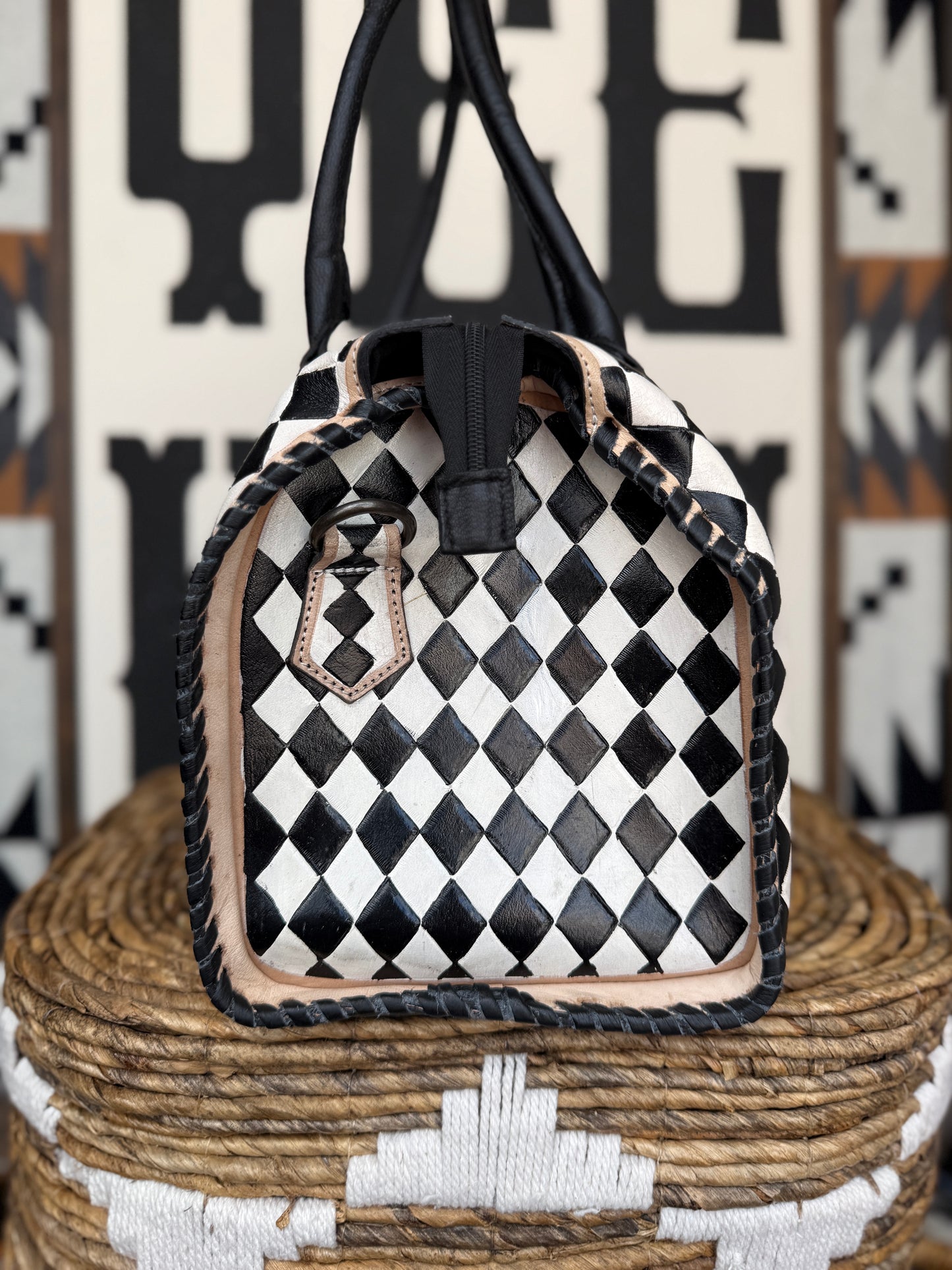 Hand-Painted Genuine Leather Black & White Checkered Speedy Style Bag