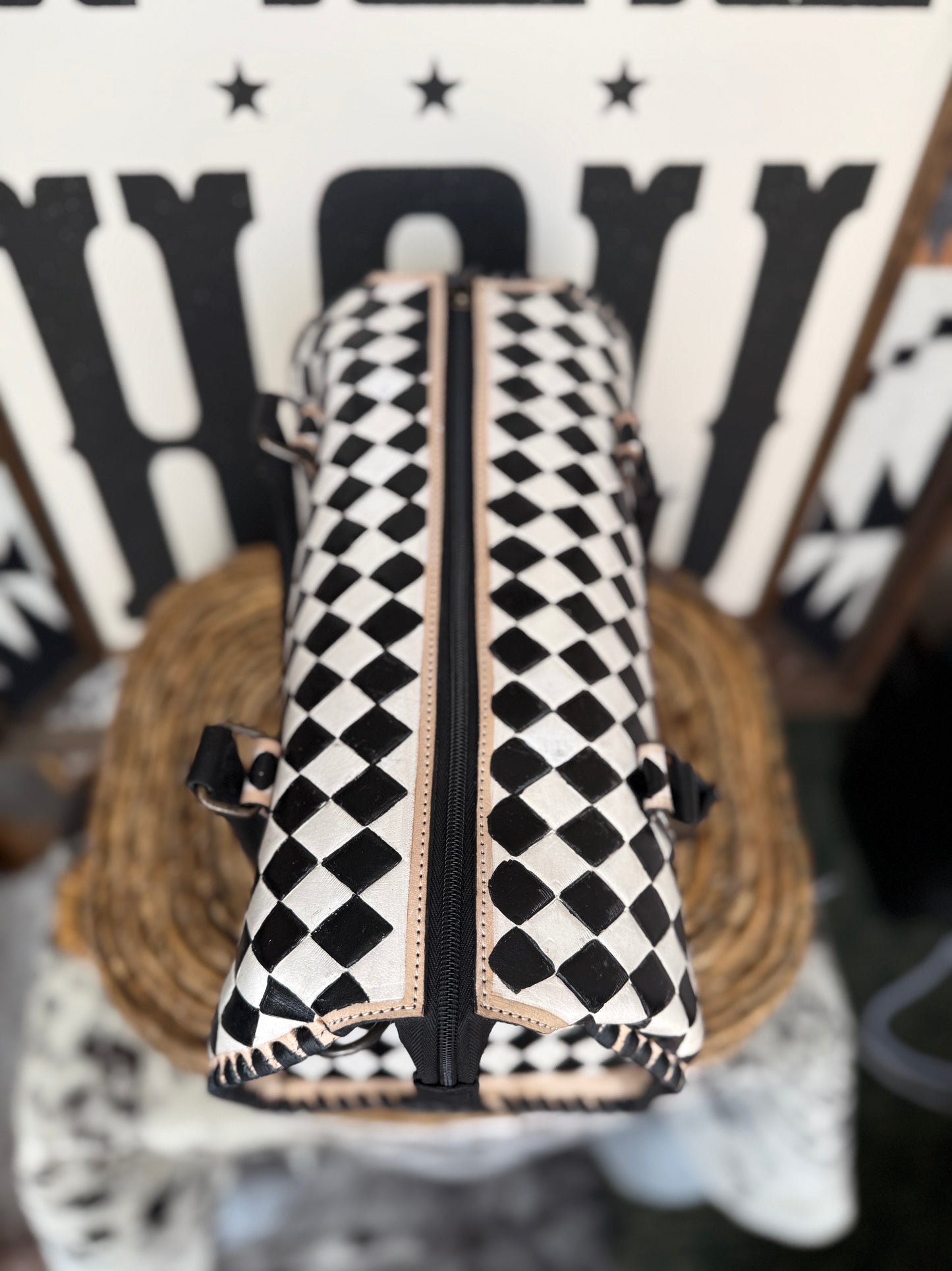 Hand-Painted Genuine Leather Black & White Checkered Speedy Style Bag