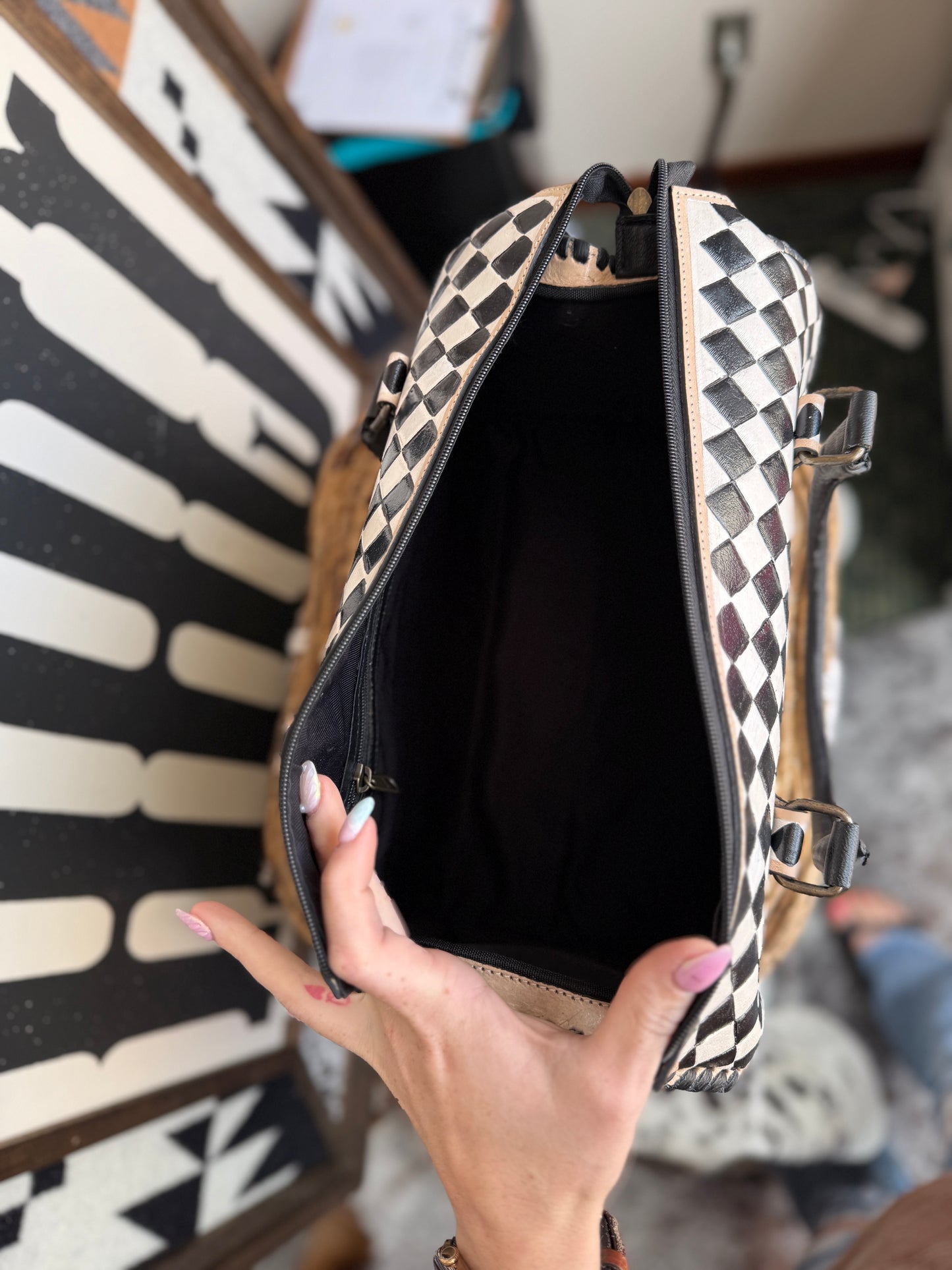 Hand-Painted Genuine Leather Black & White Checkered Speedy Style Bag