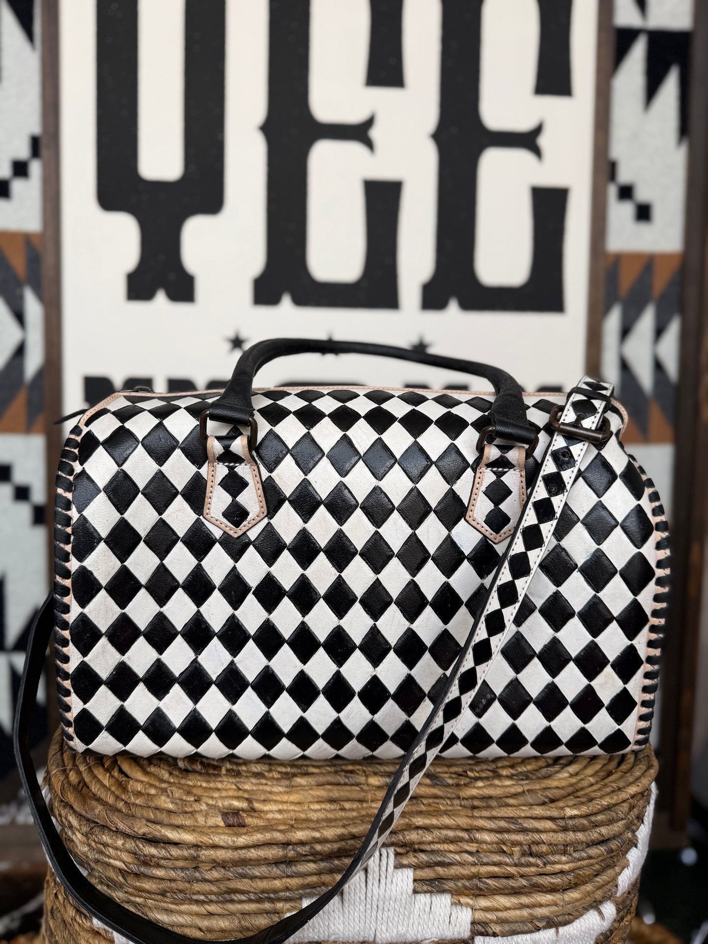 Hand-Painted Genuine Leather Black & White Checkered Speedy Style Bag