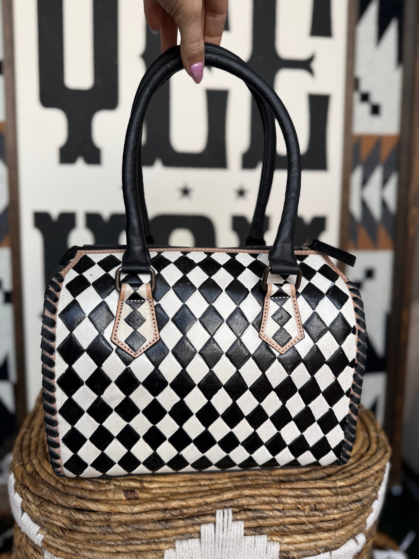 Hand-Painted Genuine Leather Black & White Checkered Speedy Style Bag