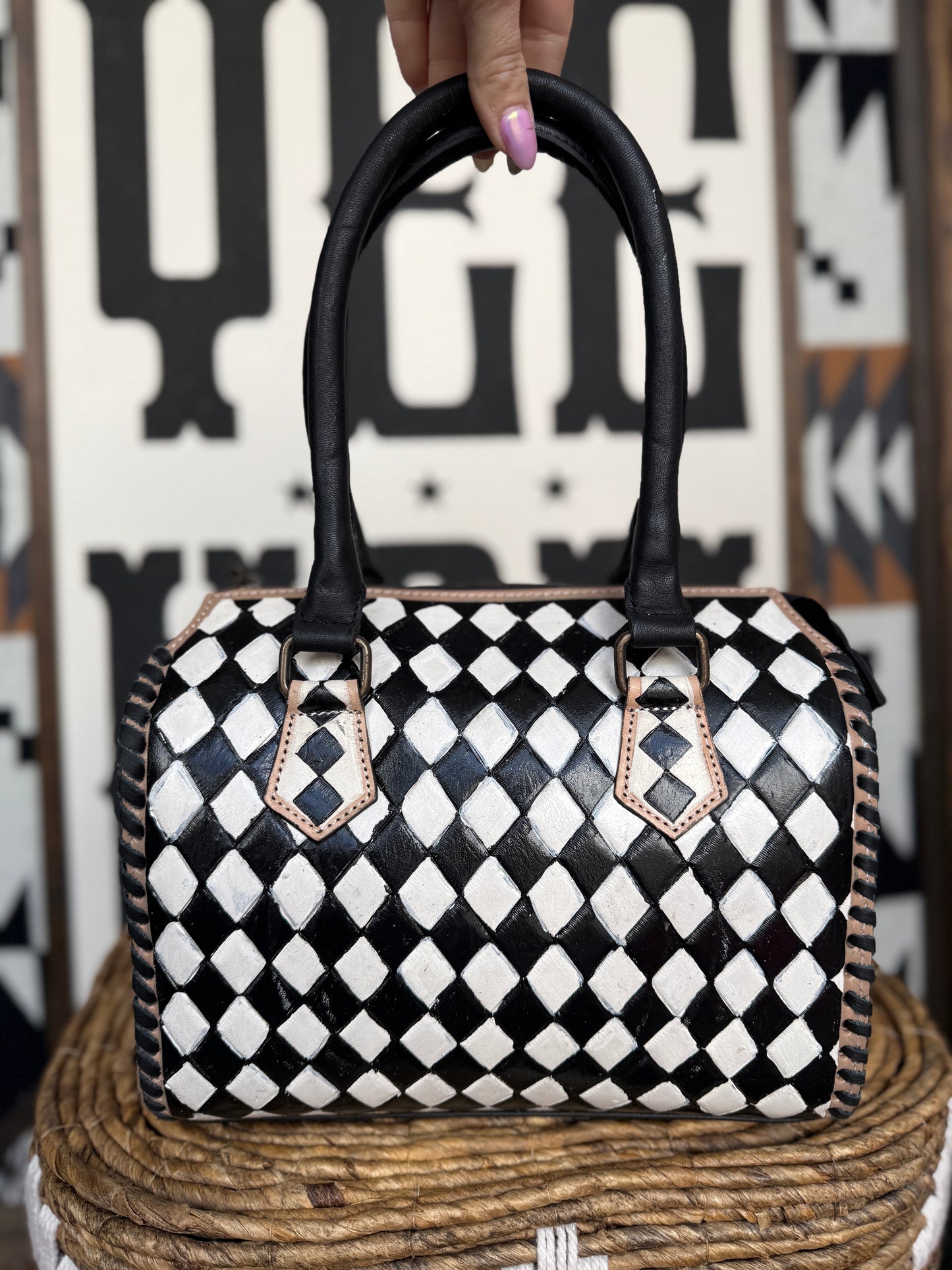 Hand-Painted Genuine Leather Black & White Checkered Speedy Style Bag