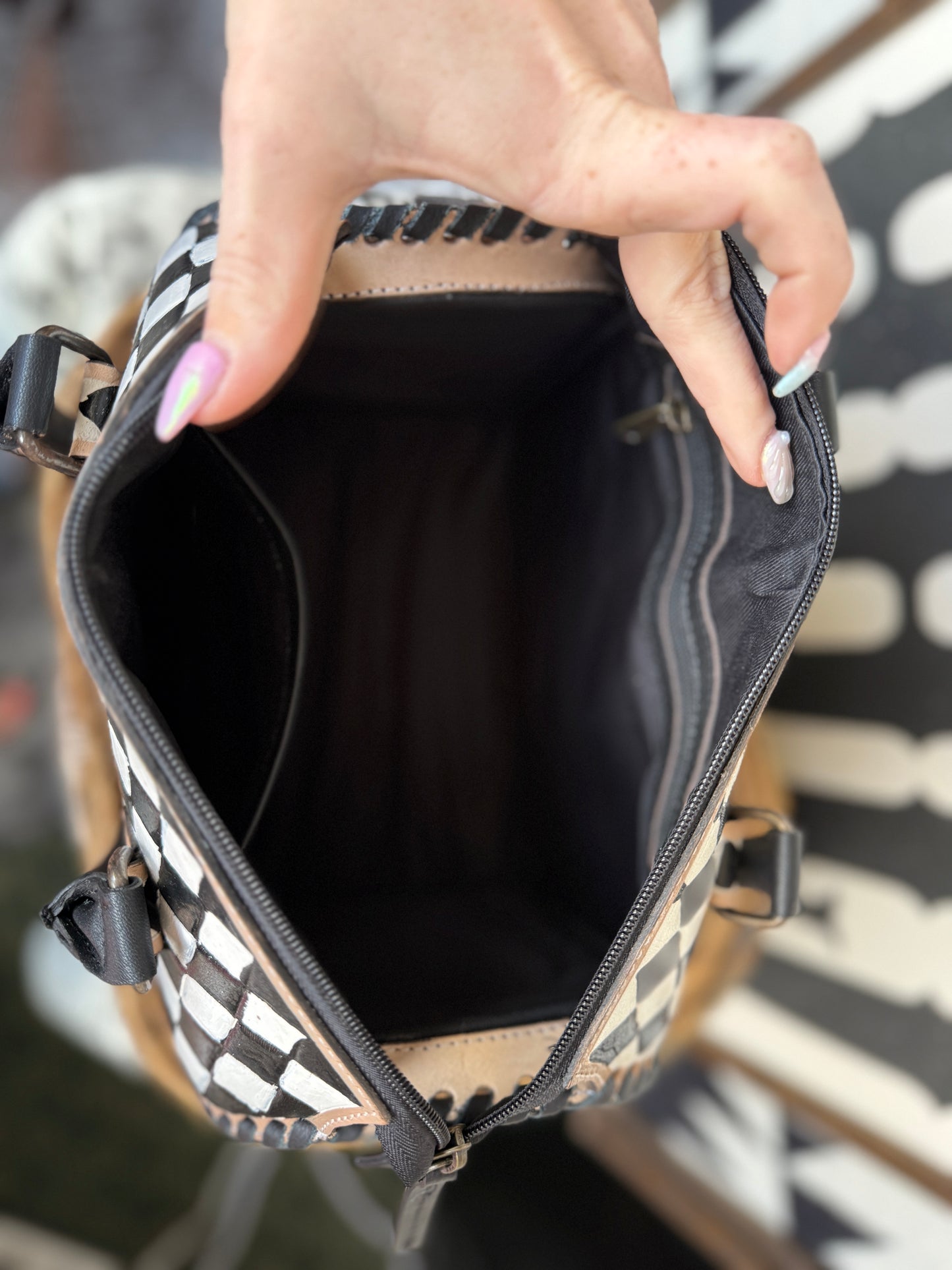 Hand-Painted Genuine Leather Black & White Checkered Speedy Style Bag