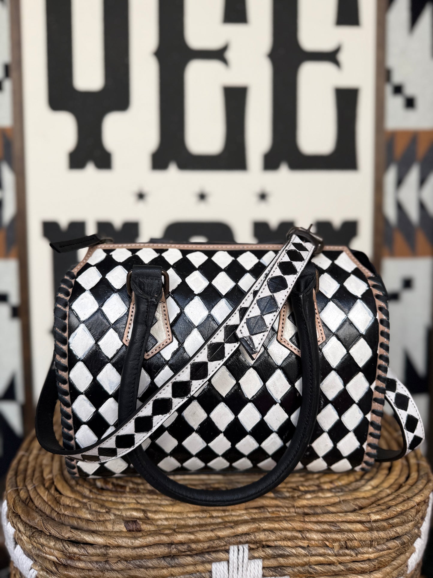 Hand-Painted Genuine Leather Black & White Checkered Speedy Style Bag