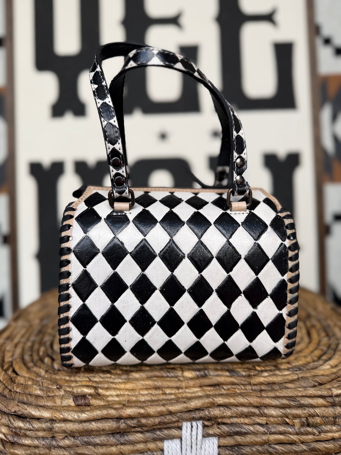 Hand-Painted Genuine Leather Black & White Checkered Speedy Style Bag