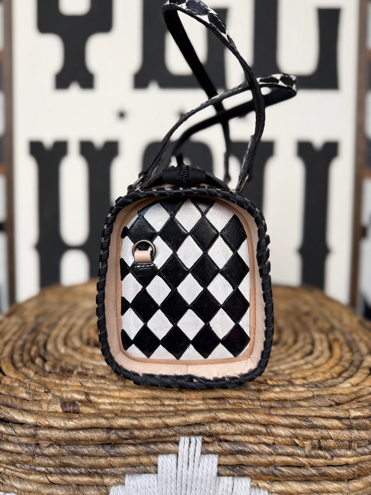 Hand-Painted Genuine Leather Black & White Checkered Speedy Style Bag