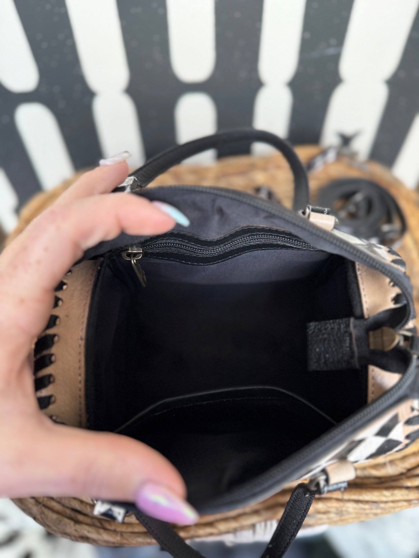 Hand-Painted Genuine Leather Black & White Checkered Speedy Style Bag