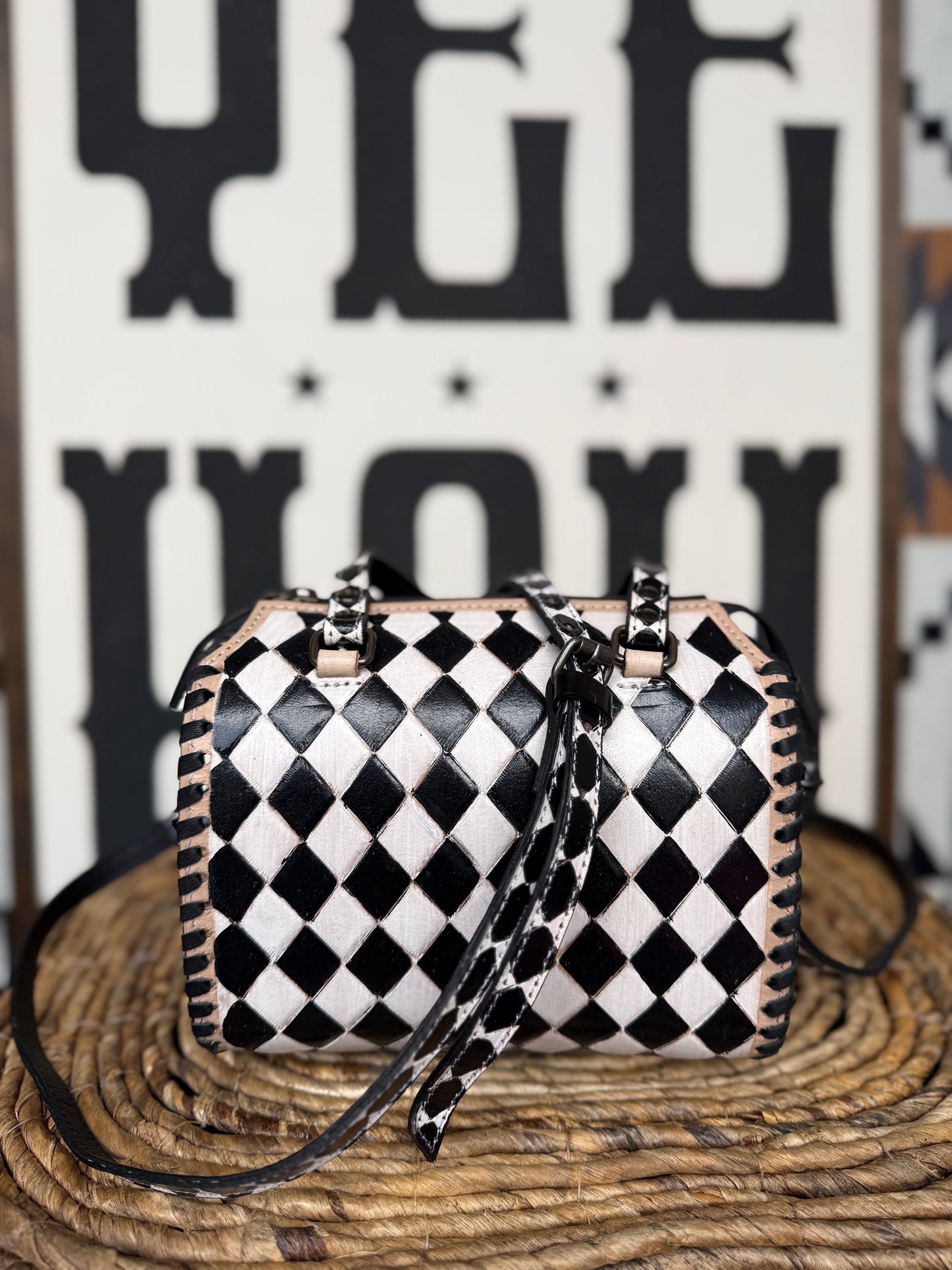 Hand-Painted Genuine Leather Black & White Checkered Speedy Style Bag