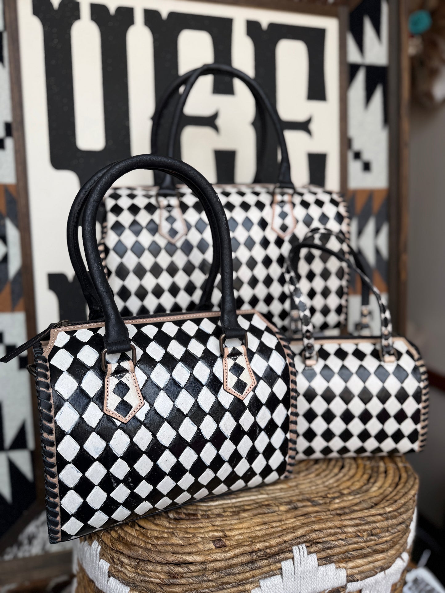 Hand-Painted Genuine Leather Black & White Checkered Speedy Style Bag