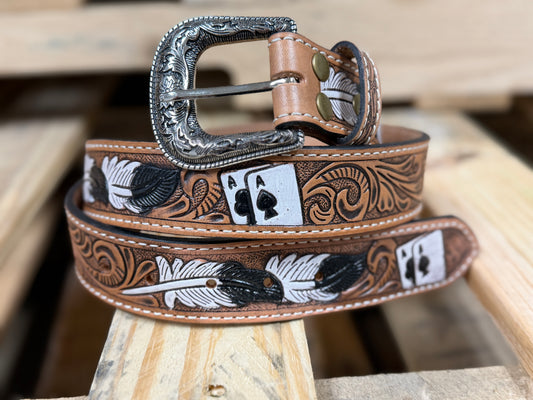 Lucky Ace Tooled Leather Western Belt – Hand-Tooled & Hand-Painted Genuine Leather