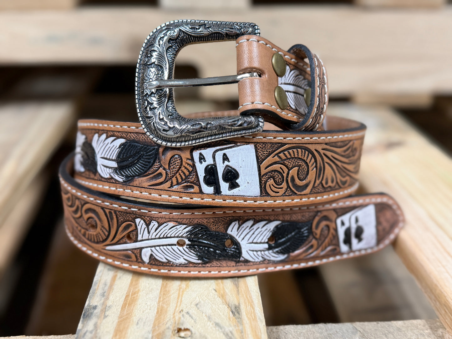 Lucky Ace Tooled Leather Western Belt – Hand-Tooled & Hand-Painted Genuine Leather