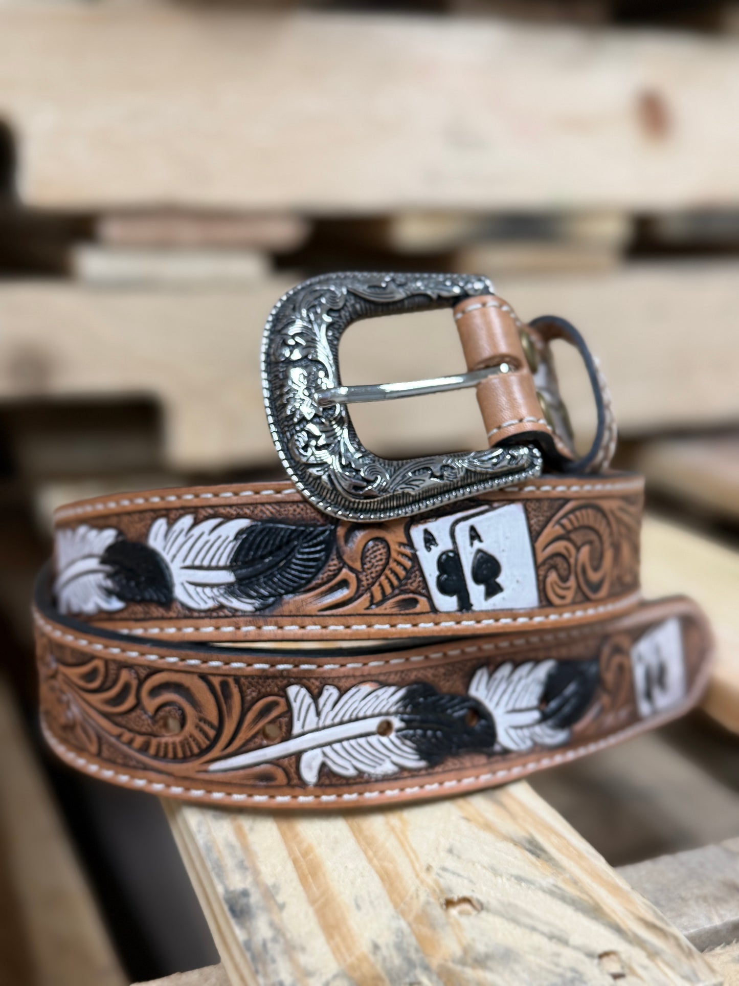 Lucky Ace Tooled Leather Western Belt – Hand-Tooled & Hand-Painted Genuine Leather