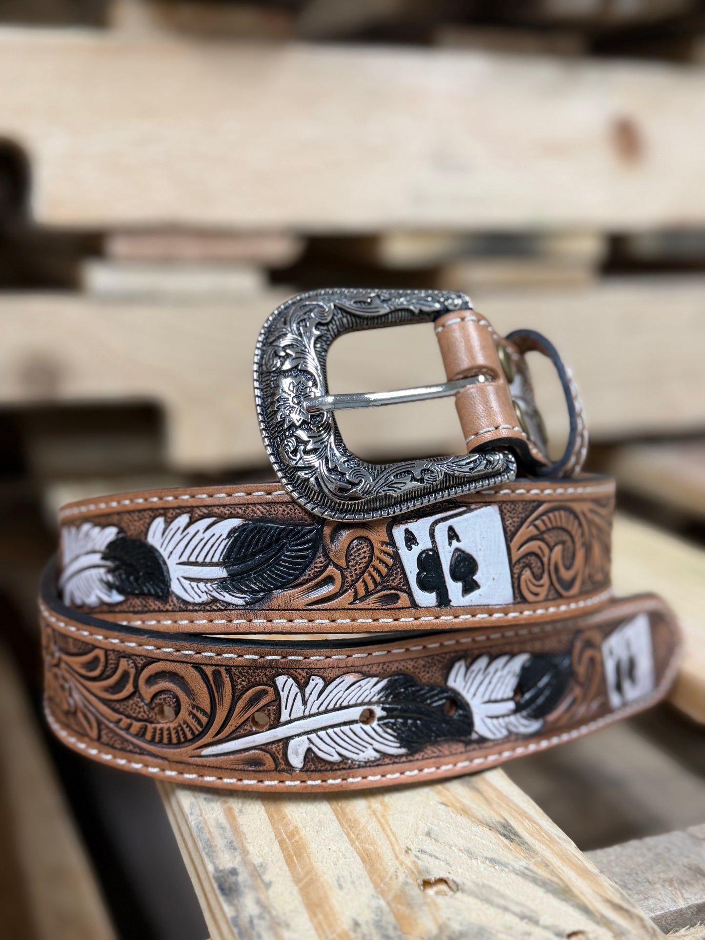 Lucky Ace Tooled Leather Western Belt – Hand-Tooled & Hand-Painted Genuine Leather