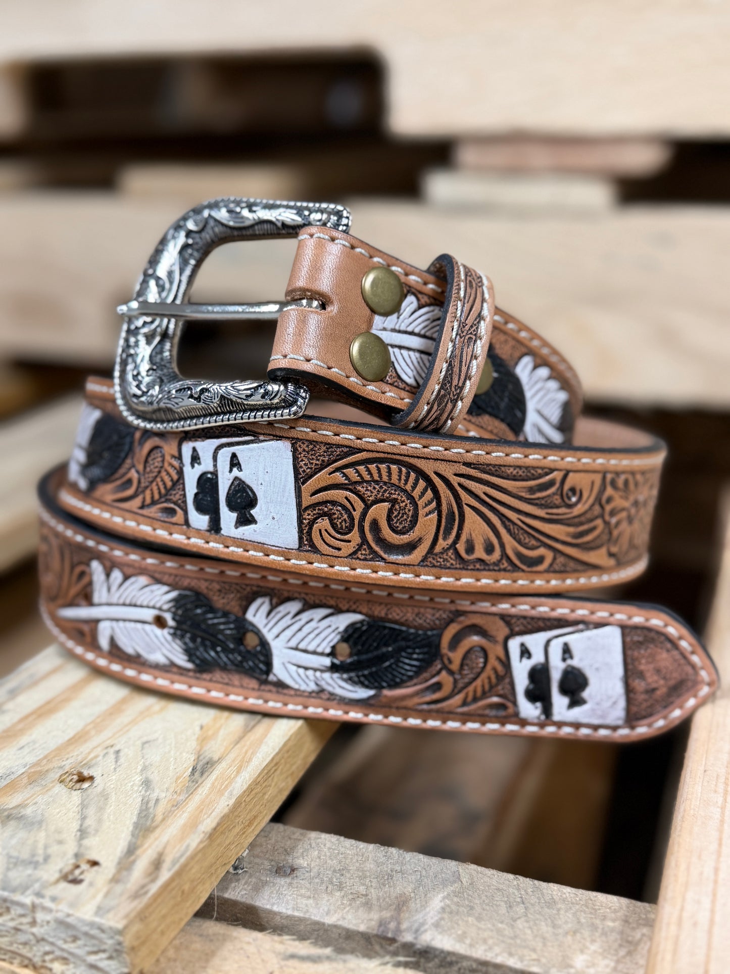 Lucky Ace Tooled Leather Western Belt – Hand-Tooled & Hand-Painted Genuine Leather