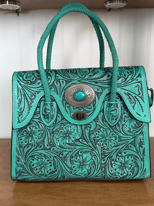 Turquoise Hand-Tooled Genuine Leather Handbag