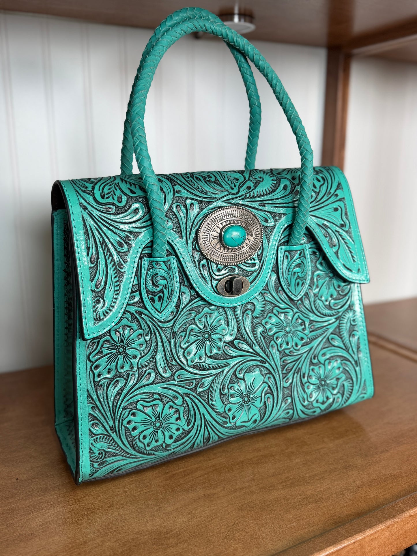 Turquoise Hand-Tooled Genuine Leather Handbag