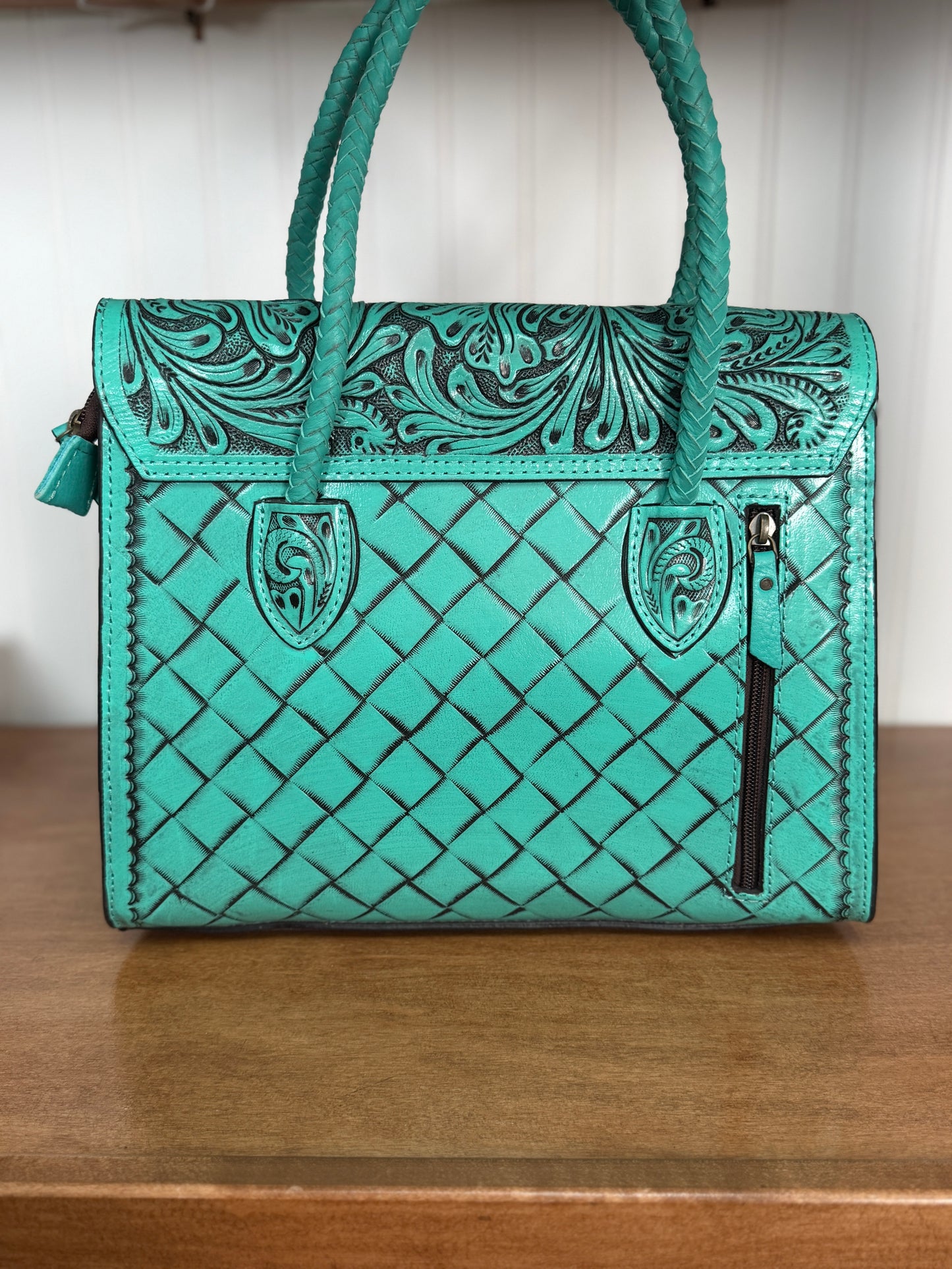Turquoise Hand-Tooled Genuine Leather Handbag