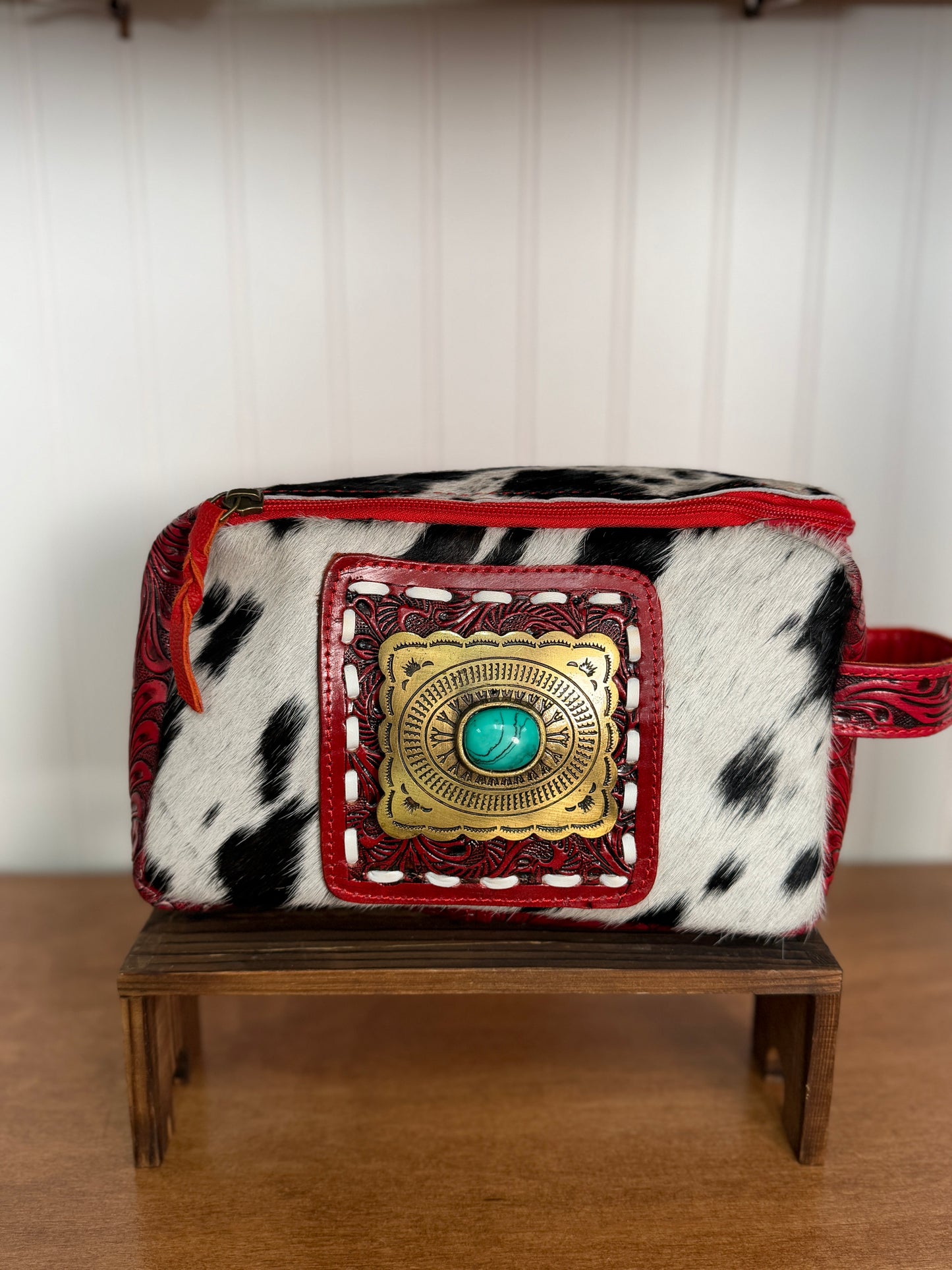 Red Tooled Leather & Cowhide Western Cosmetic Bag