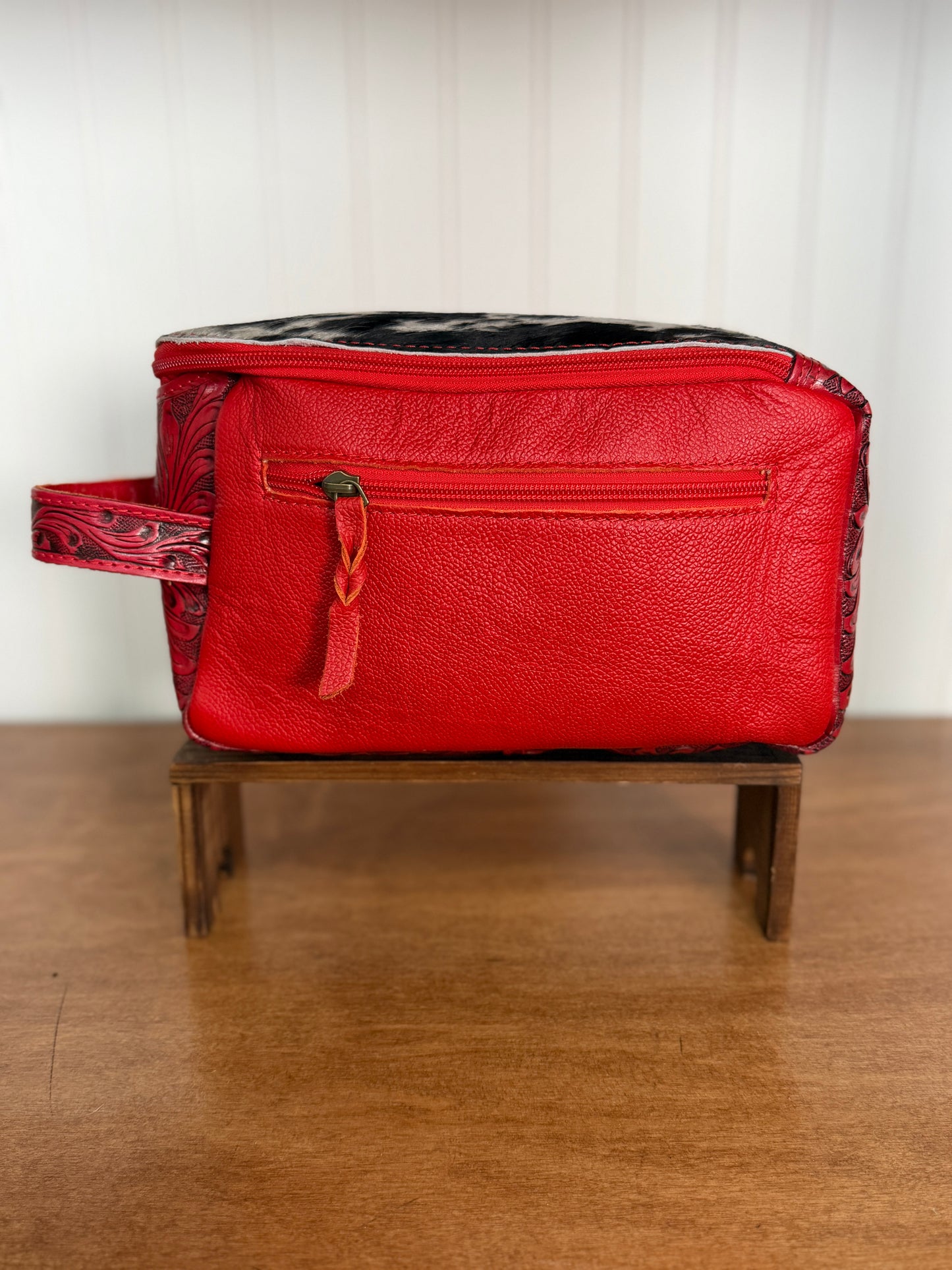 Red Tooled Leather & Cowhide Western Cosmetic Bag