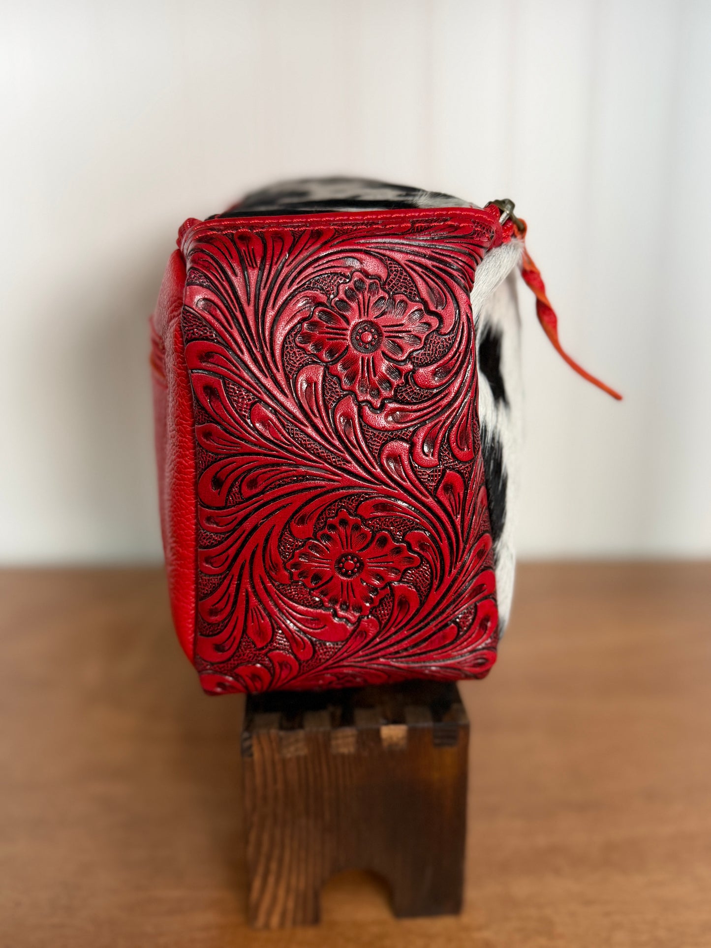 Red Tooled Leather & Cowhide Western Cosmetic Bag
