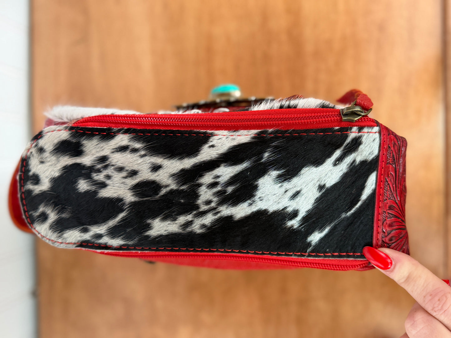 Red Tooled Leather & Cowhide Western Cosmetic Bag