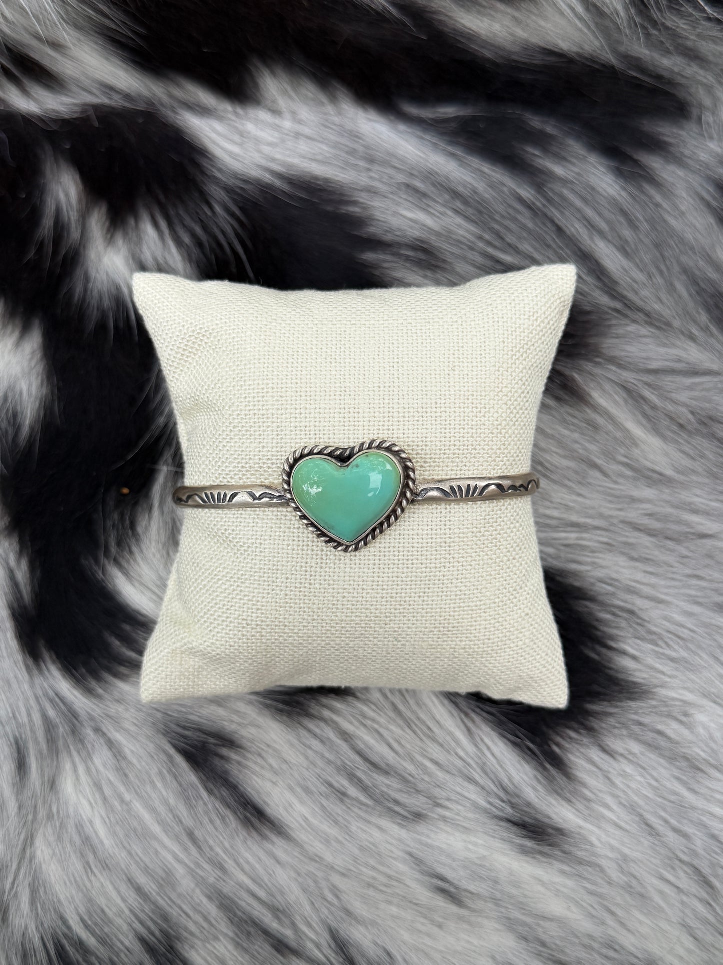 Kingman Turquoise Heart Cuff Bracelet | Genuine 925 Sterling Silver | Native Made by Donovan Skeets