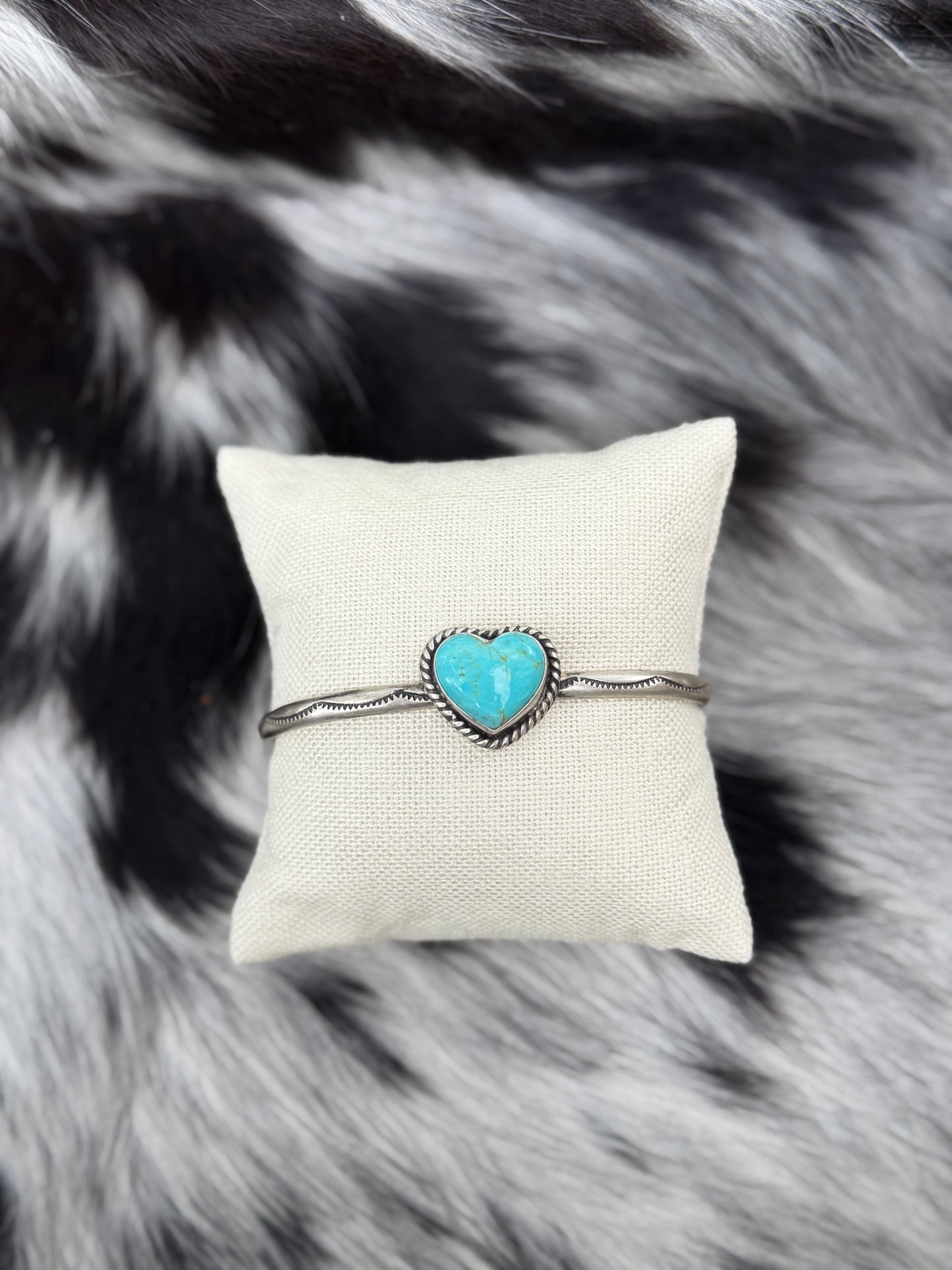 Kingman Turquoise Heart Cuff Bracelet | Genuine 925 Sterling Silver | Native Made by Donovan Skeets