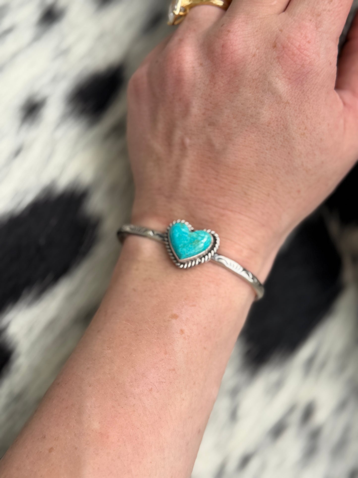Kingman Turquoise Heart Cuff Bracelet | Genuine 925 Sterling Silver | Native Made by Donovan Skeets