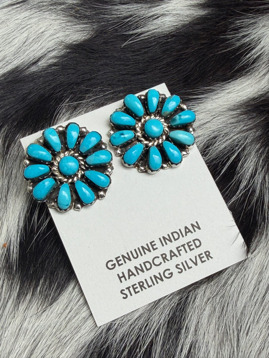 Native American Turquoise Cluster Stud Earrings | Genuine 925 Sterling Silver