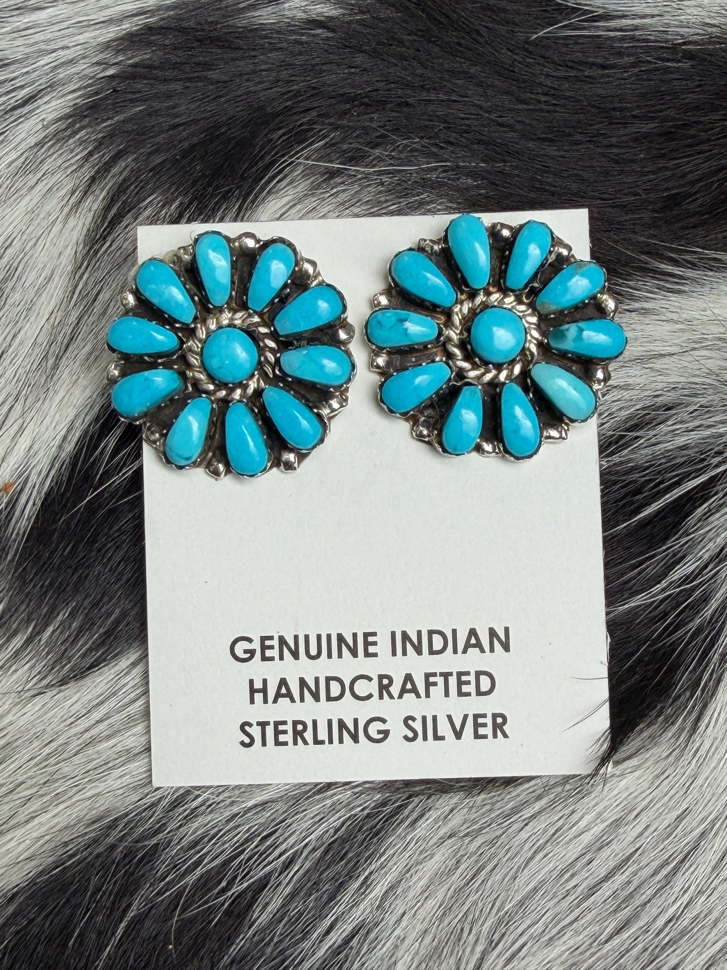 Native American Turquoise Cluster Stud Earrings | Genuine 925 Sterling Silver