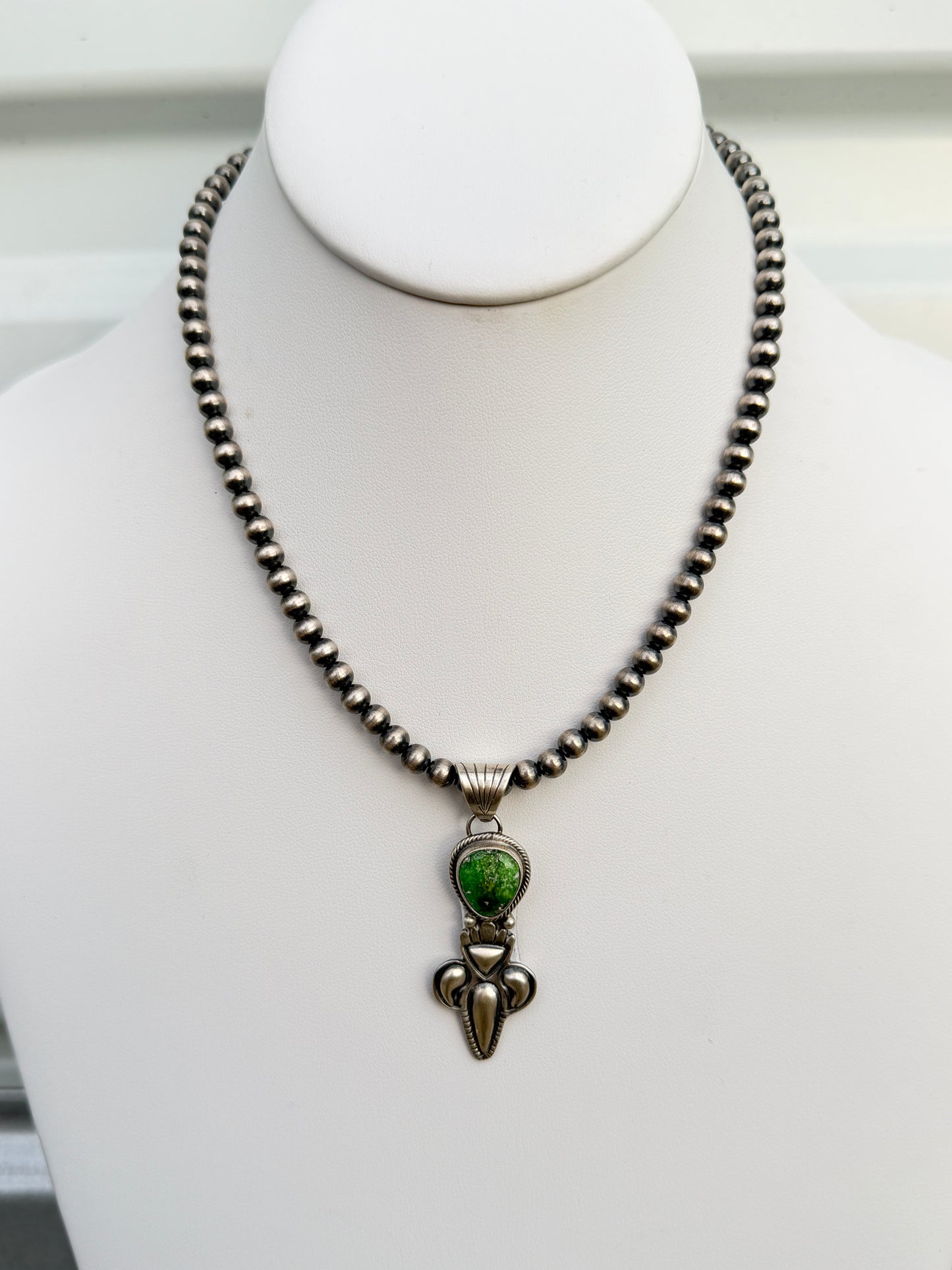 Gary Shorty Sonoran Gold Turquoise Machane Made Pearl Necklace | Genuine 925 Sterling Silver | Native American Handmade | 16"