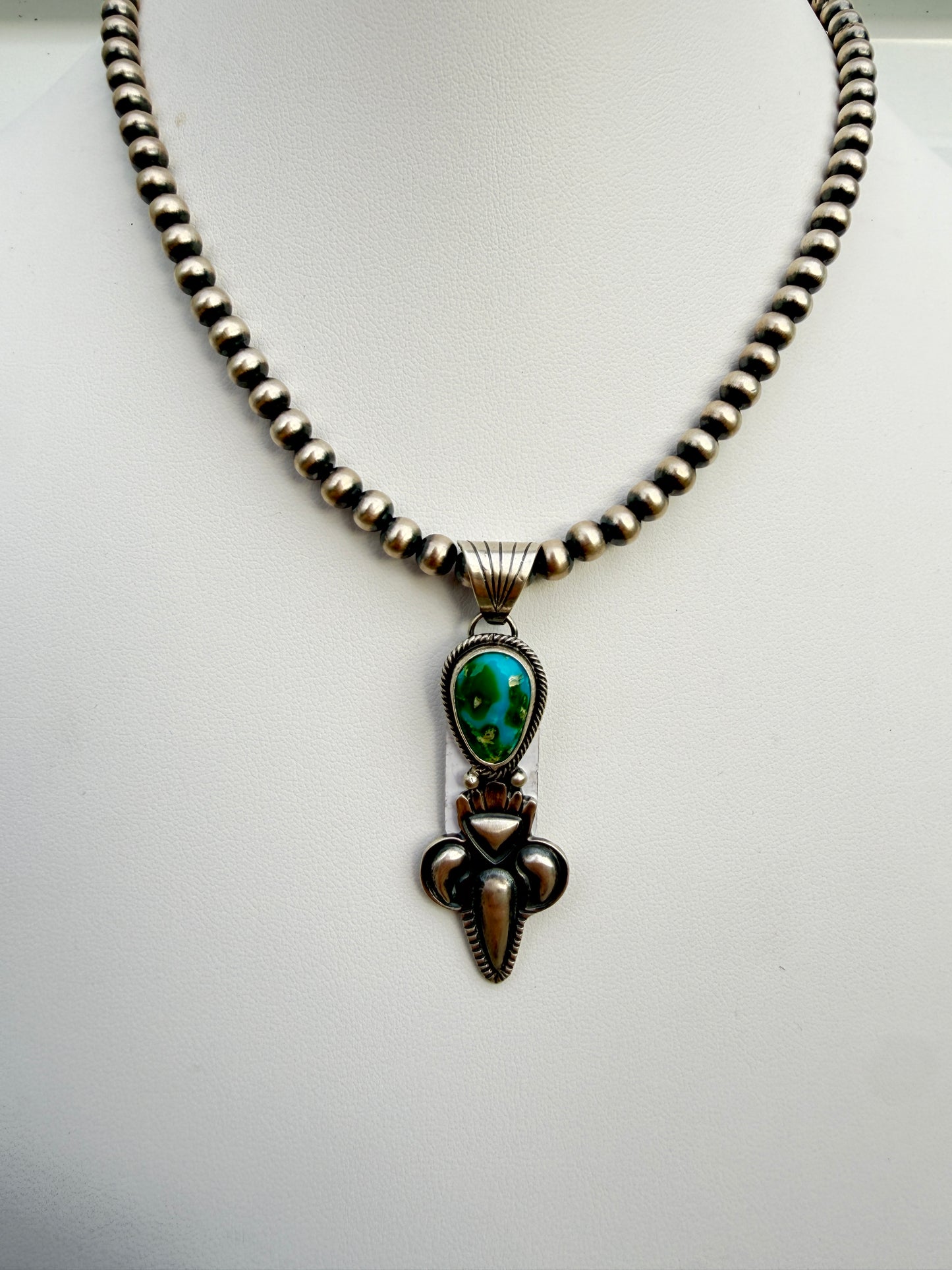 Gary Shorty Sonoran Gold Turquoise Machane Made Pearl Necklace | Genuine 925 Sterling Silver | Native American Handmade | 16"