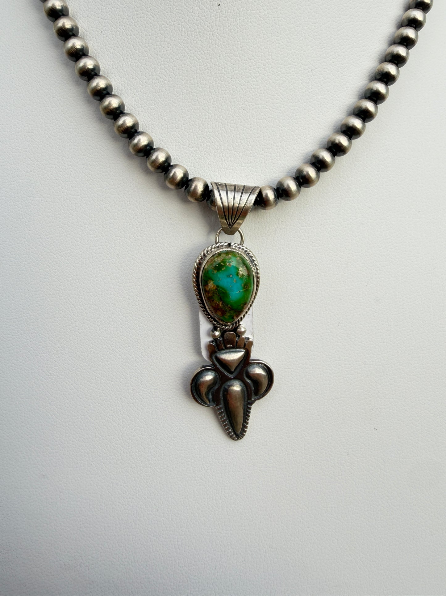 Gary Shorty Sonoran Gold Turquoise Machane Made Pearl Necklace | Genuine 925 Sterling Silver | Native American Handmade | 16"