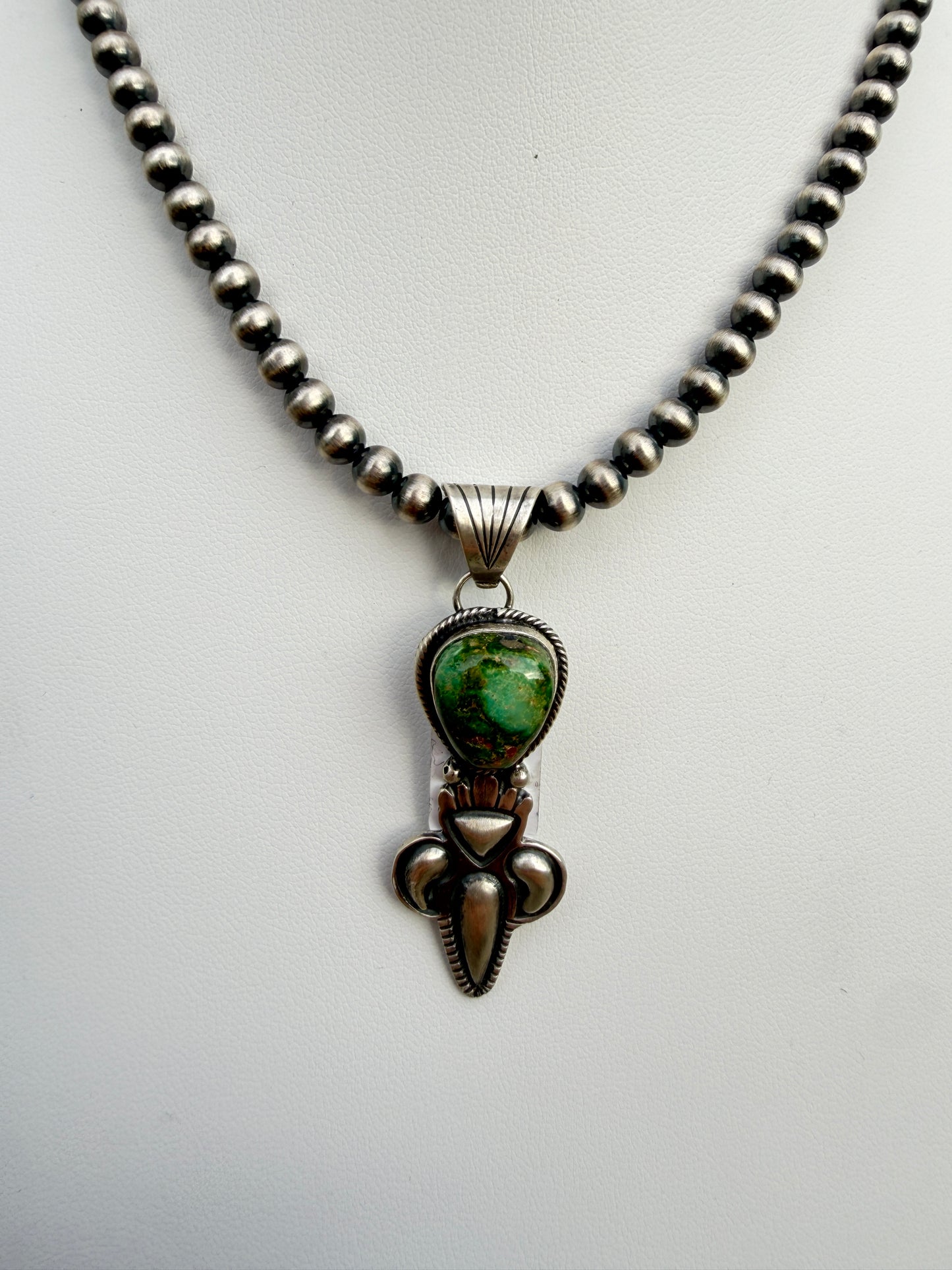 Gary Shorty Sonoran Gold Turquoise Machane Made Pearl Necklace | Genuine 925 Sterling Silver | Native American Handmade | 16"