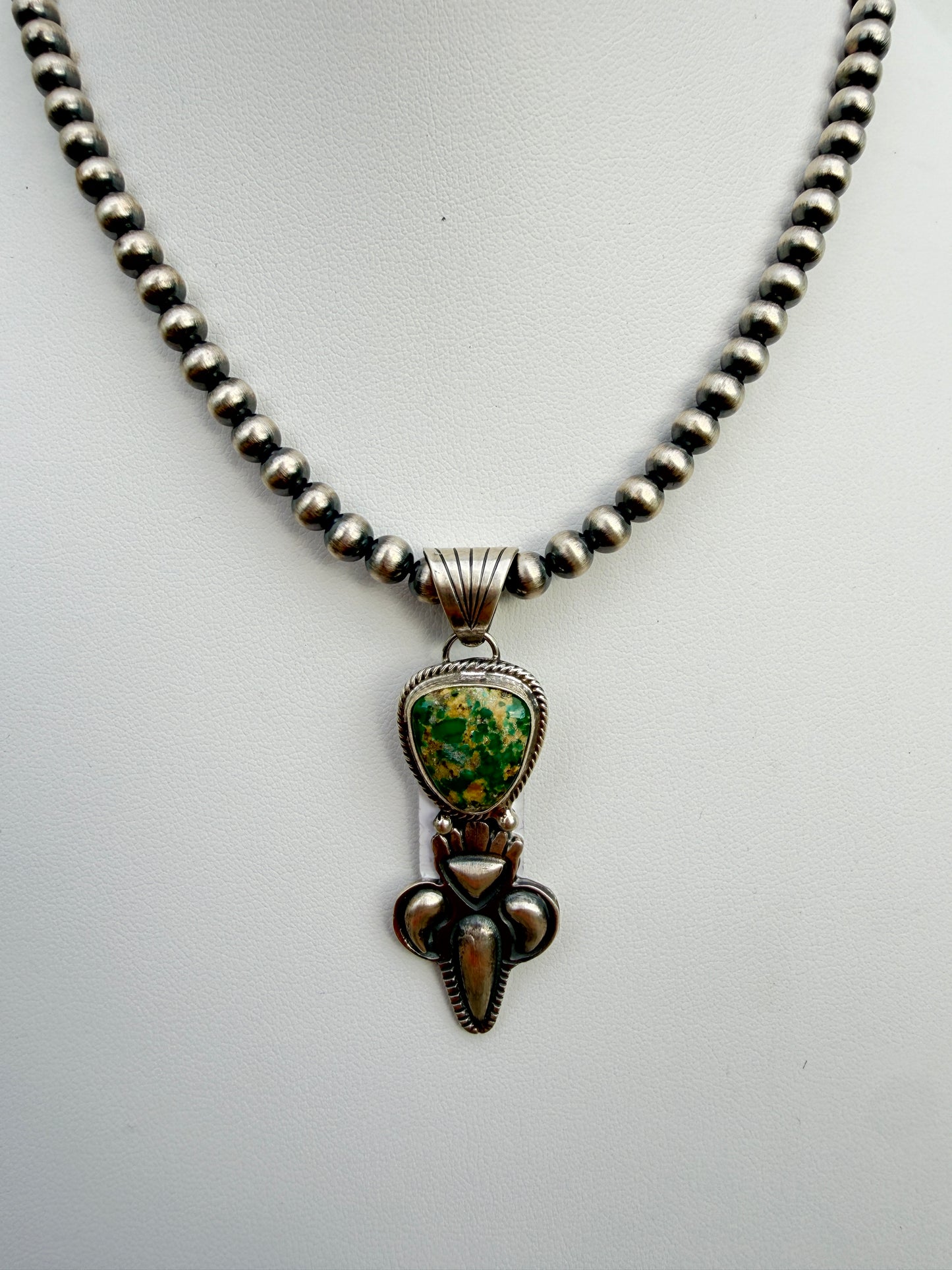Gary Shorty Sonoran Gold Turquoise Machane Made Pearl Necklace | Genuine 925 Sterling Silver | Native American Handmade | 16"
