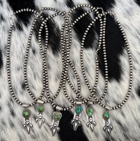 Gary Shorty Sonoran Gold Turquoise Machane Made Pearl Necklace | Genuine 925 Sterling Silver | Native American Handmade | 16"