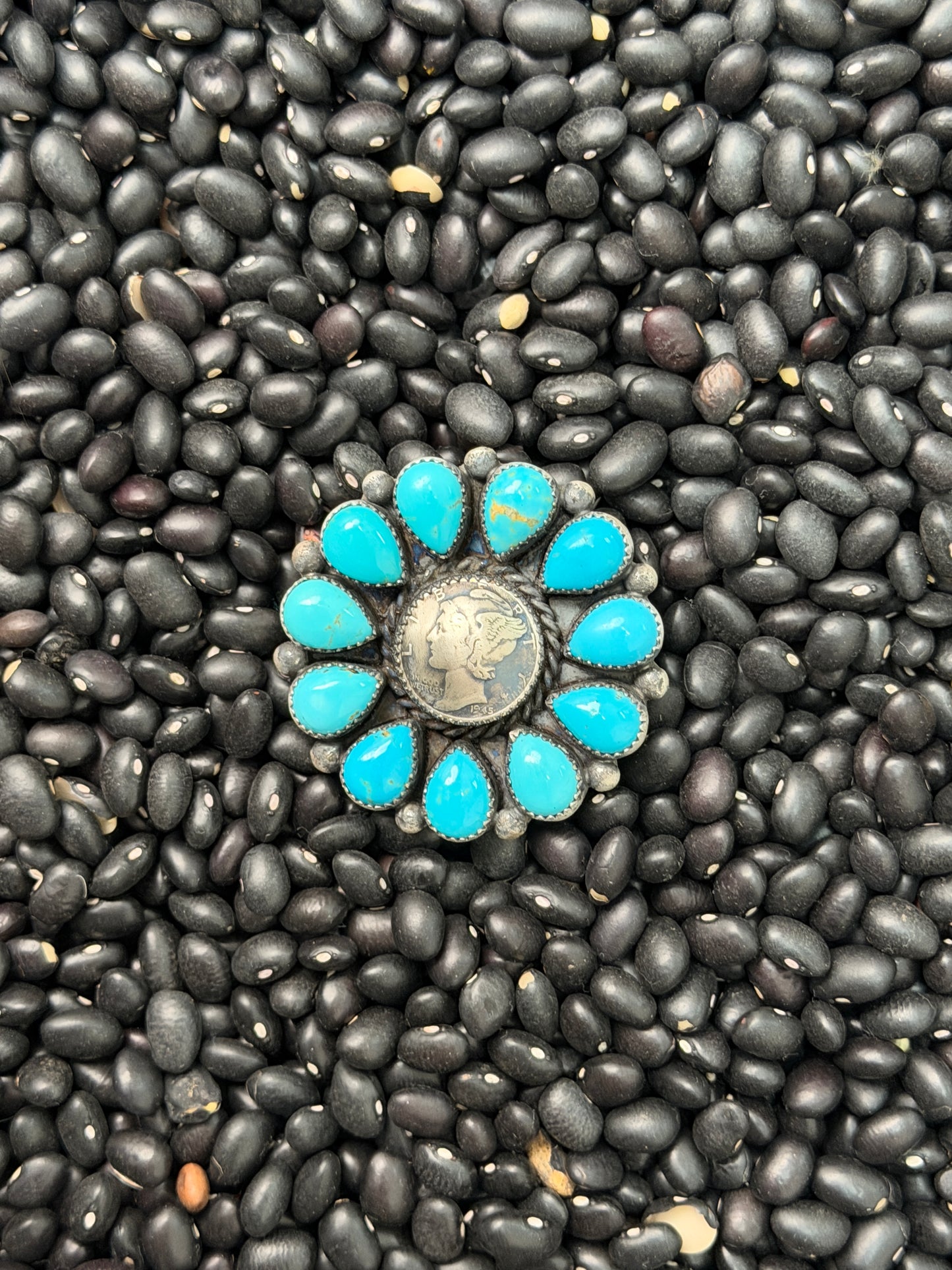 Native Made Mercury Dime Turquoise Cluster Ring | Genuine 925 Sterling Silver | Adjustable SIGNED MJ